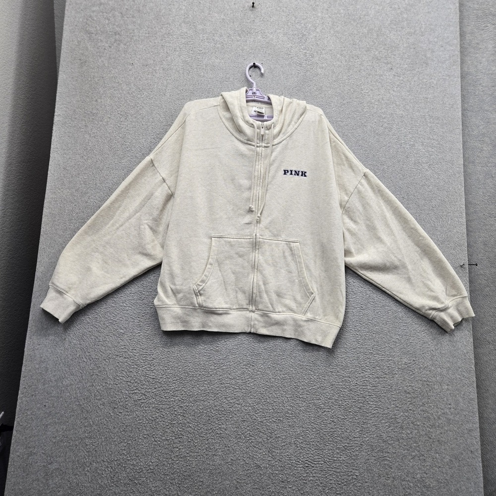 PINK Victoria's Secret Women Hoodie 2XL Beige Logo Embroidered Fleece Full Zip